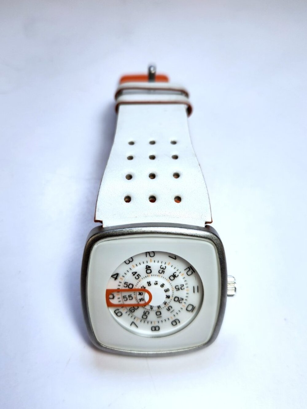 Vintage Next Big Tic Style Watch 495165 White Leather Cuff Orange Disc Y2K 2006